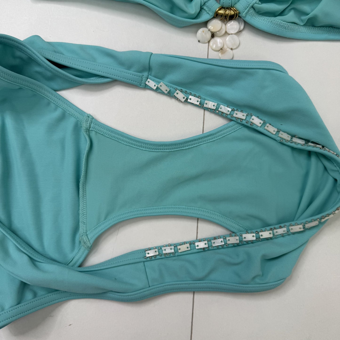 Y2K vintage bikini set matching halter neck beaded o ring turquoise beaded
