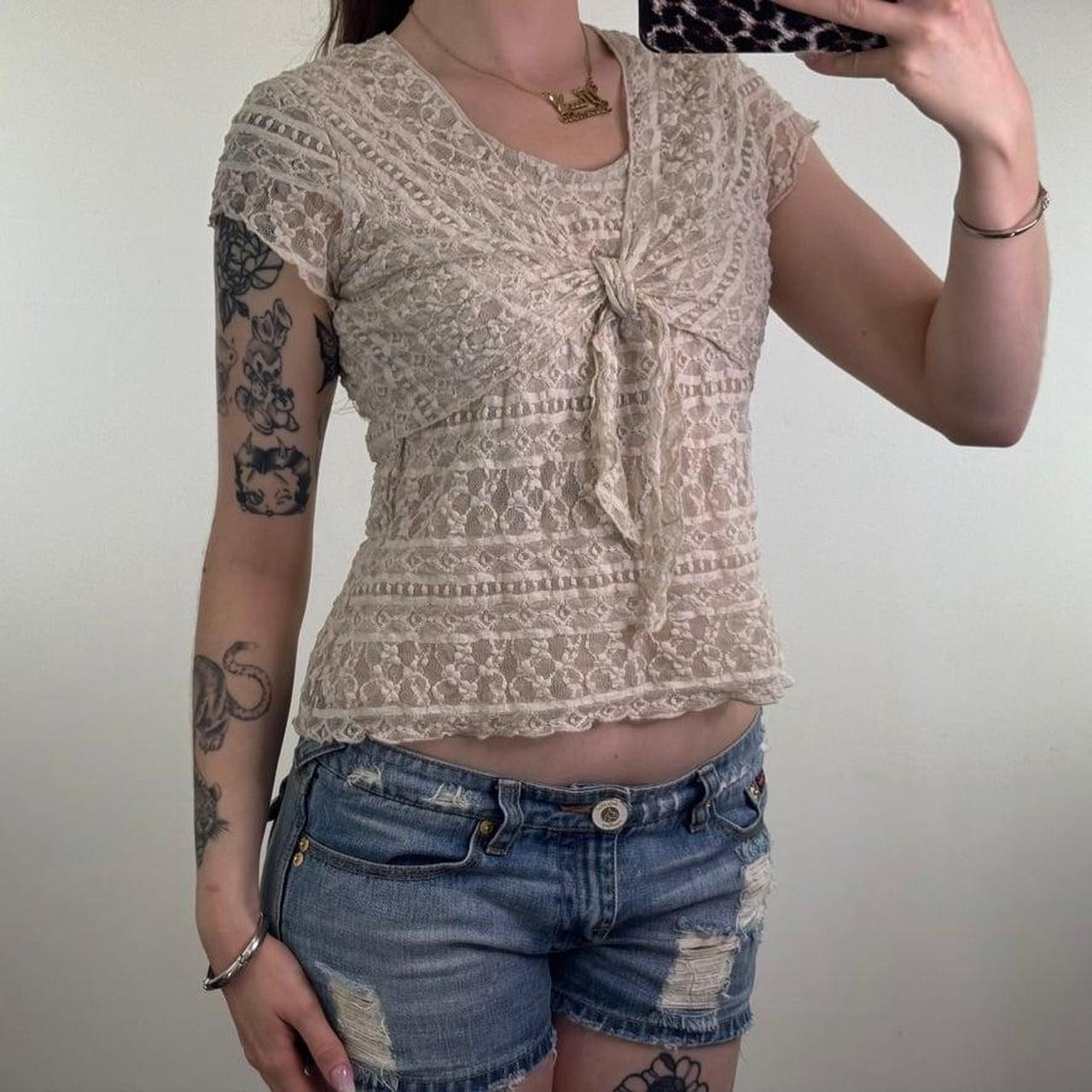Y2K Vintage Mesh Lace Tie Front Cream Short Sleeve Top Stretchy Double Layer