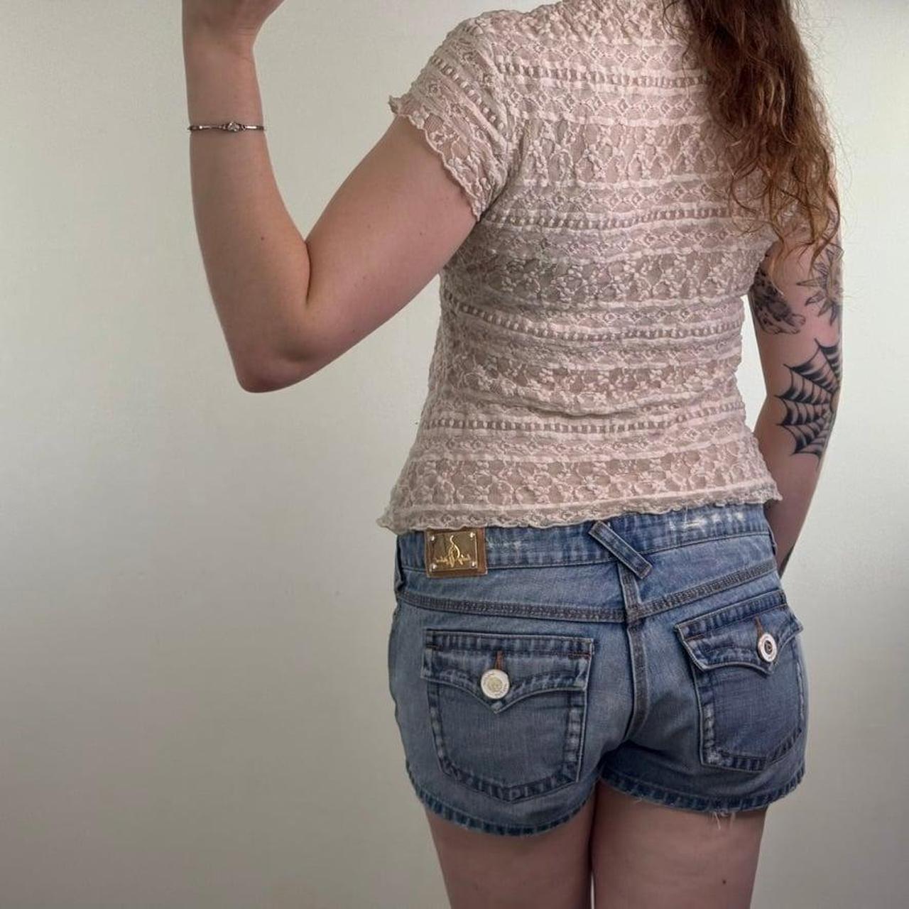 Y2K Vintage Mesh Lace Tie Front Cream Short Sleeve Top Stretchy Double Layer