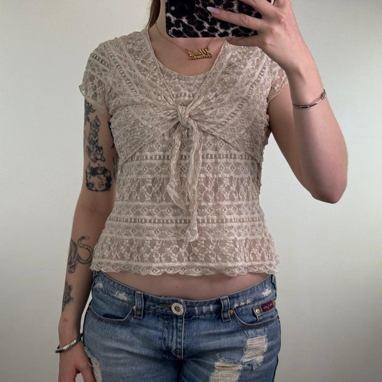 Y2K Vintage Mesh Lace Tie Front Cream Short Sleeve Top Stretchy Double Layer