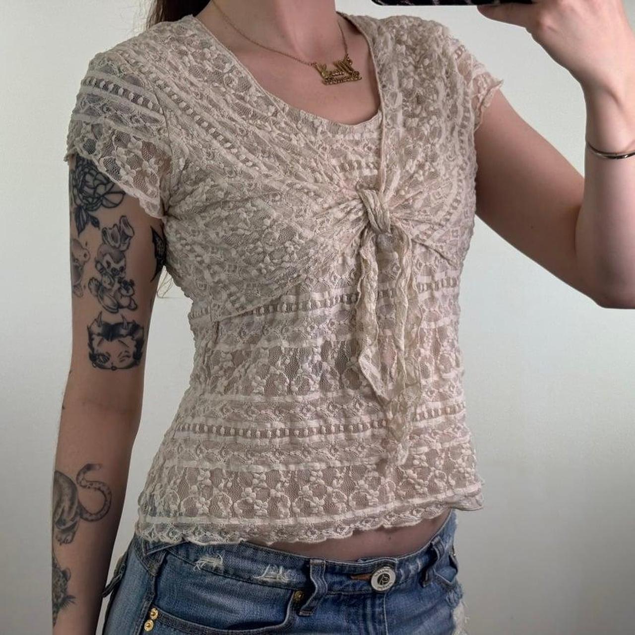 Y2K Vintage Mesh Lace Tie Front Cream Short Sleeve Top Stretchy Double Layer