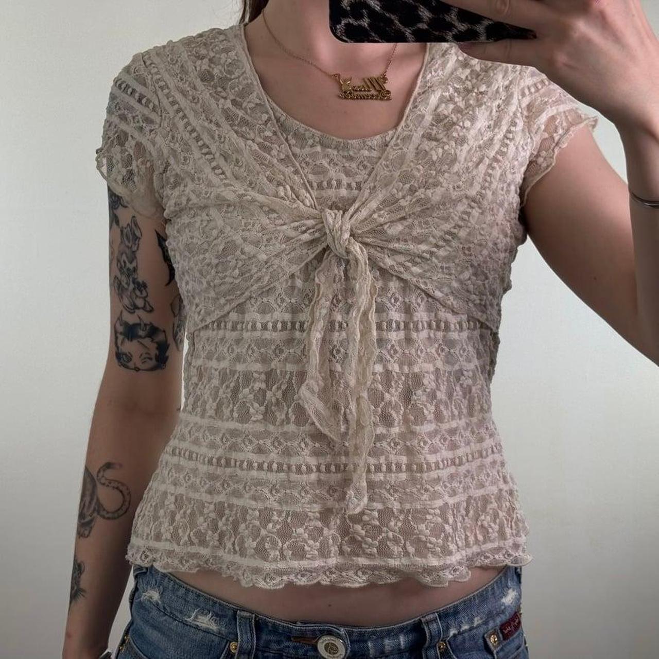 Y2K Vintage Mesh Lace Tie Front Cream Short Sleeve Top Stretchy Double Layer