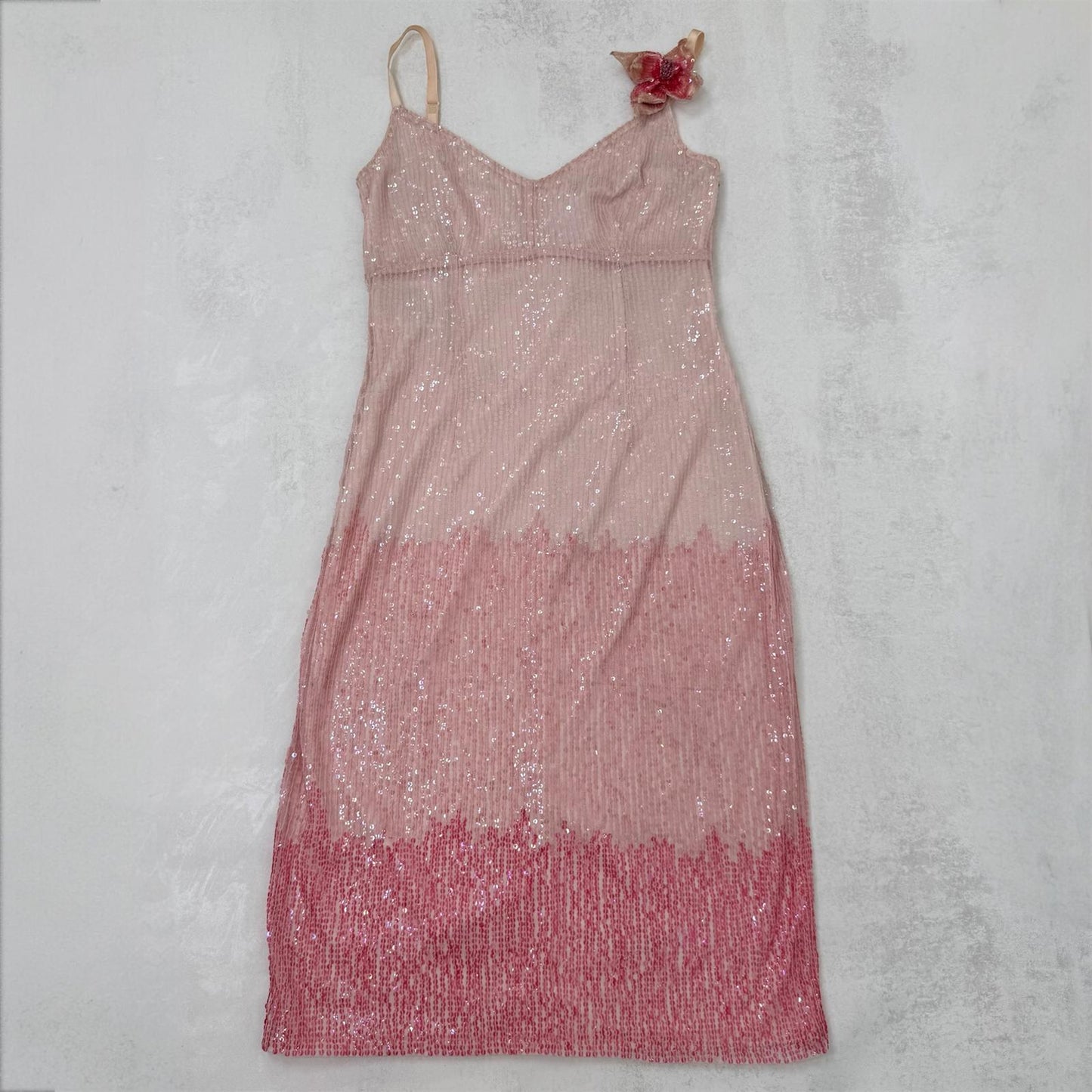 Y2K vintage Karen Millen sequin midi dress ombre pink fitted party evening
