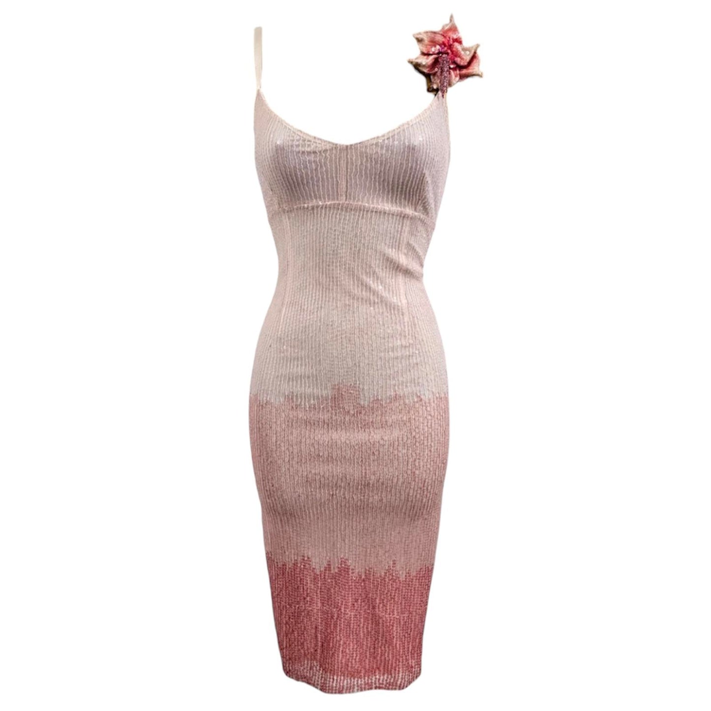 Y2K vintage Karen Millen sequin midi dress ombre pink fitted party evening
