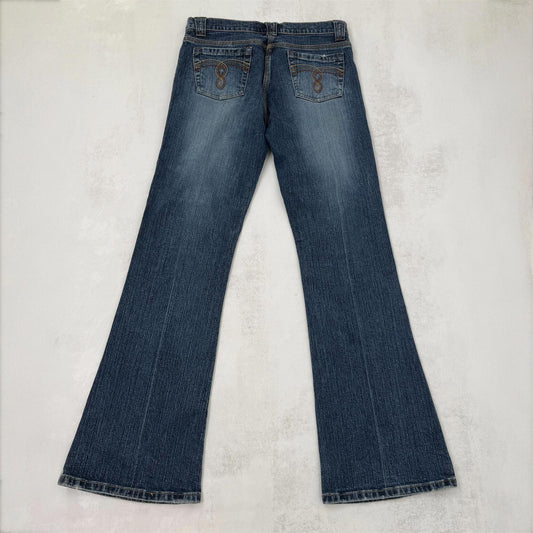 Y2K vintage bootcut denim jeans mid rise stretchy faded mid blue wash