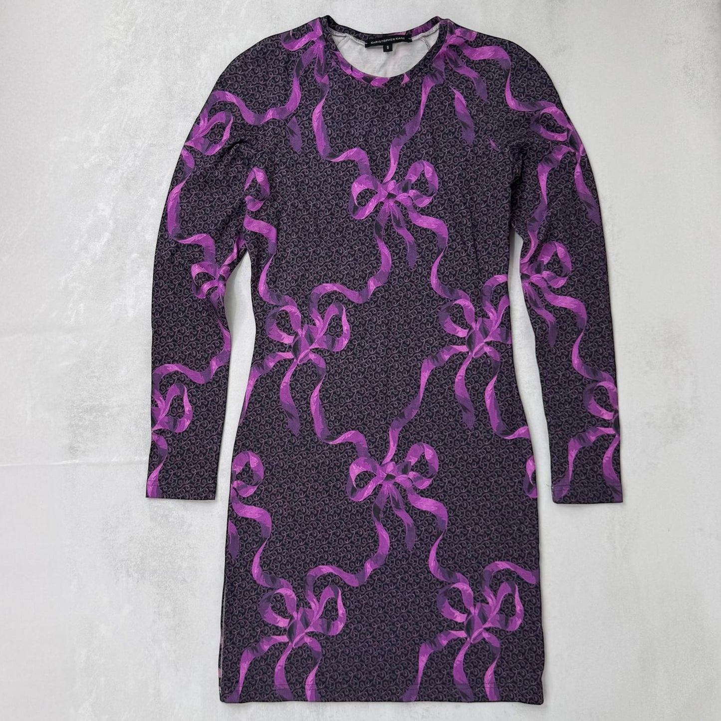Christopher Kane 3/4 sleeve mini bodycon dress bow purple pattern round neck