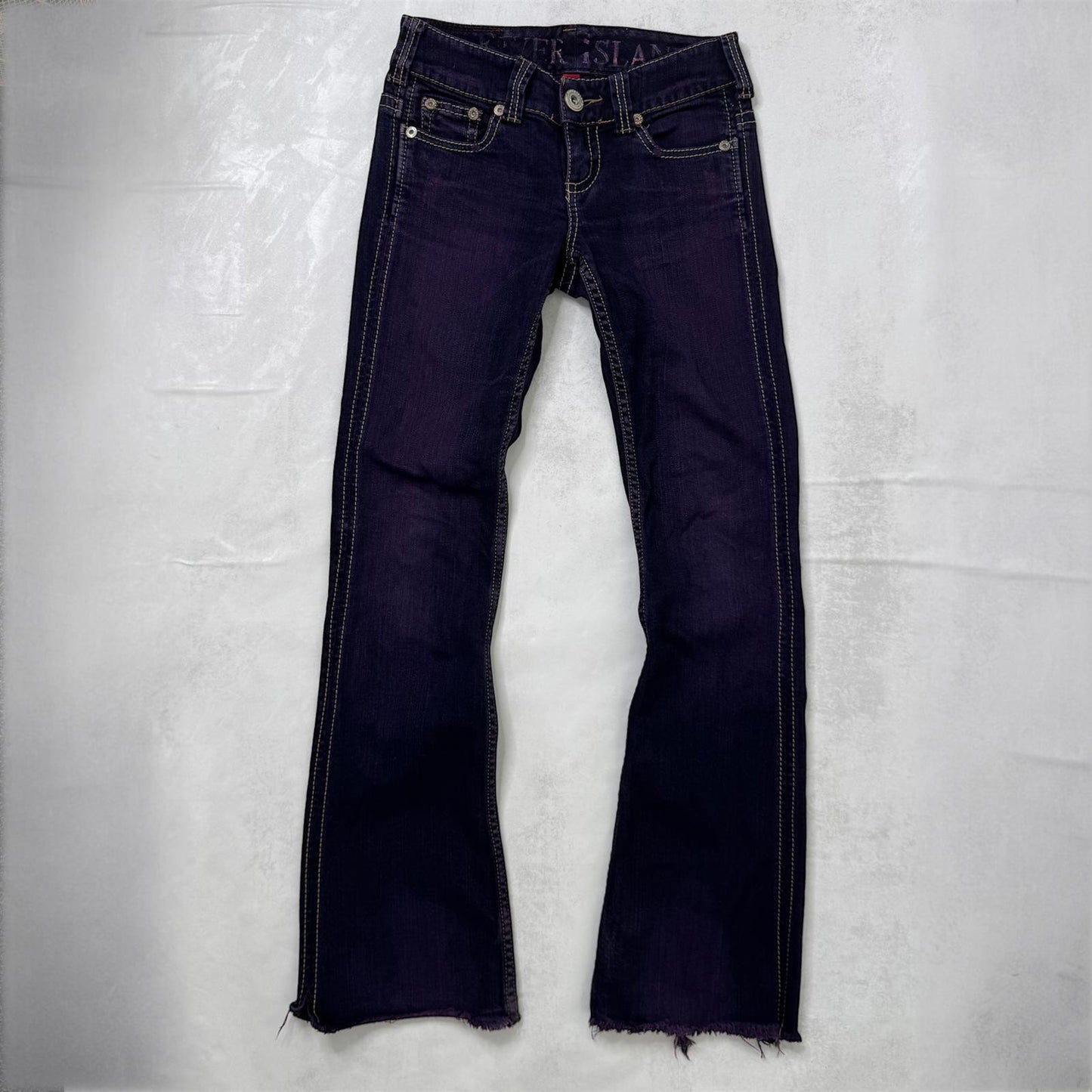 Y2K vintage low rise bootcut denim jeans stretchy purple faded wash fraying hem