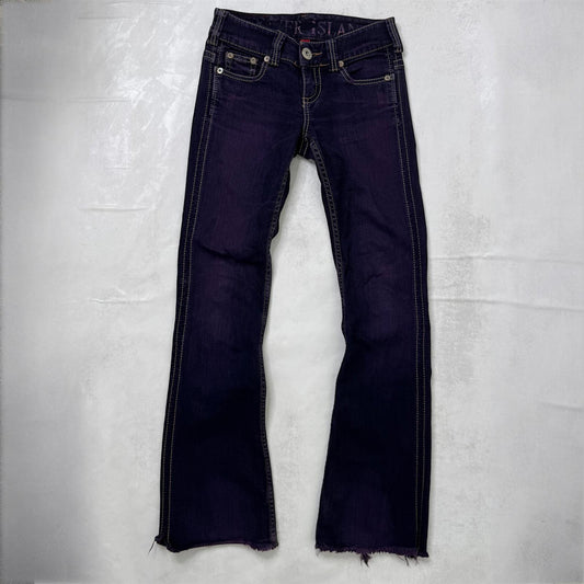 Y2K vintage low rise bootcut denim jeans stretchy purple faded wash fraying hem