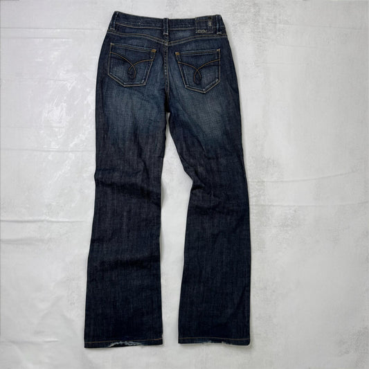 Y2K vintage bootcut denim jeans dark blue wash faded stretch mid rise