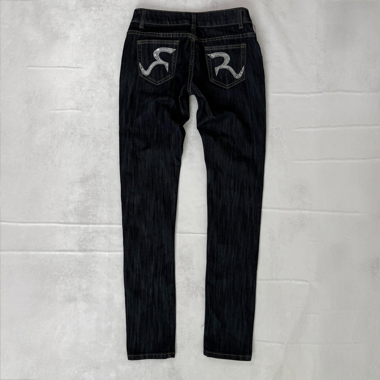 Y2K vintage ulta low rise skinny jeans dark blue denim wash sequin embroidered