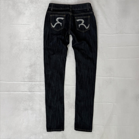 Y2K vintage ulta low rise skinny jeans dark blue denim wash sequin embroidered