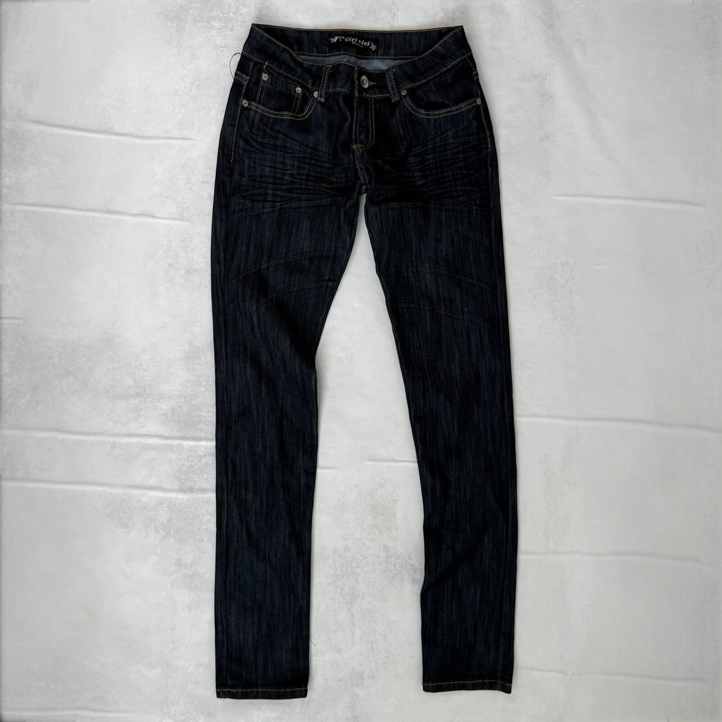 Y2K vintage ulta low rise skinny jeans dark blue denim wash sequin embroidered