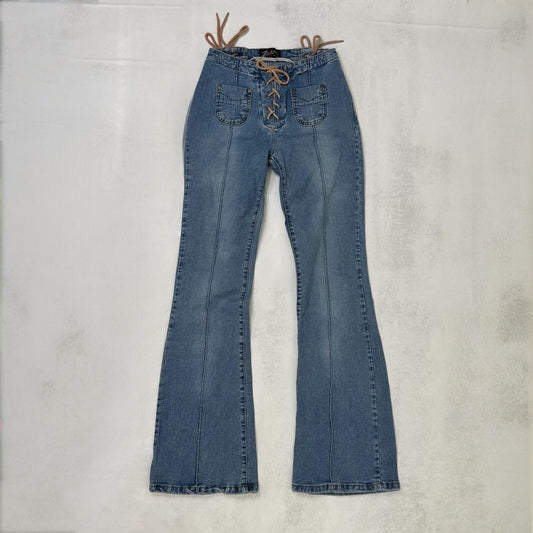 Y2K vintage bootcut denim jeans faded mid rise stretchy lace up mid blue wash