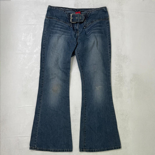 Y2K vintage bootcut denim jeans buckle belt faded blue wash ripped distressed