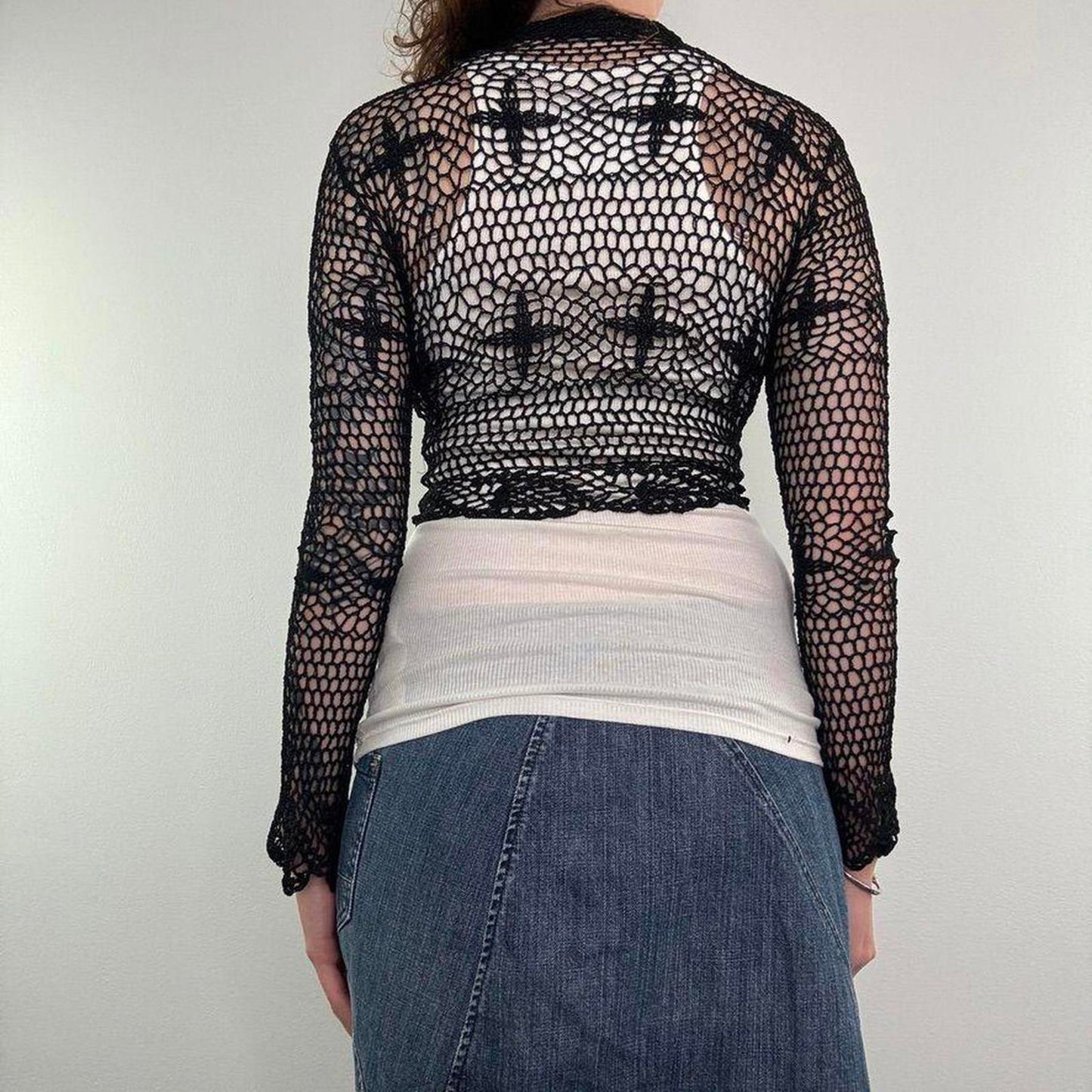 Y2K vintage crochet cross long sleeve cardigan goth alt cropped tie front bow