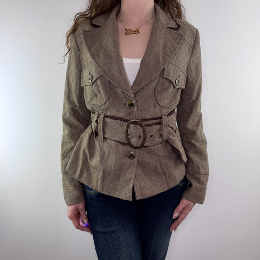 Y2K vintage herringbone lace trim tweed jacket with belt