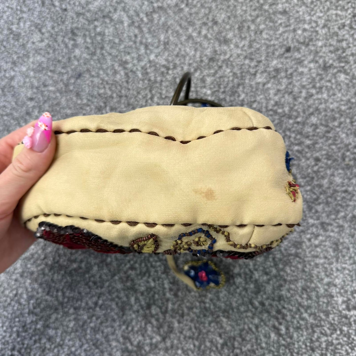 Y2K vintage silk sequin floral beaded embroidered mini micro handbag o ring boho