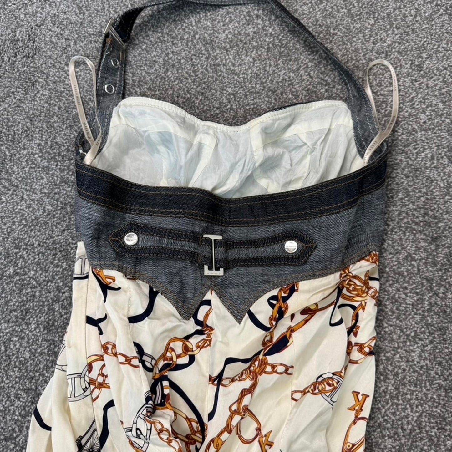 Y2K vintage Karen Millen silk denim midi dress halter neck a line chain pattern