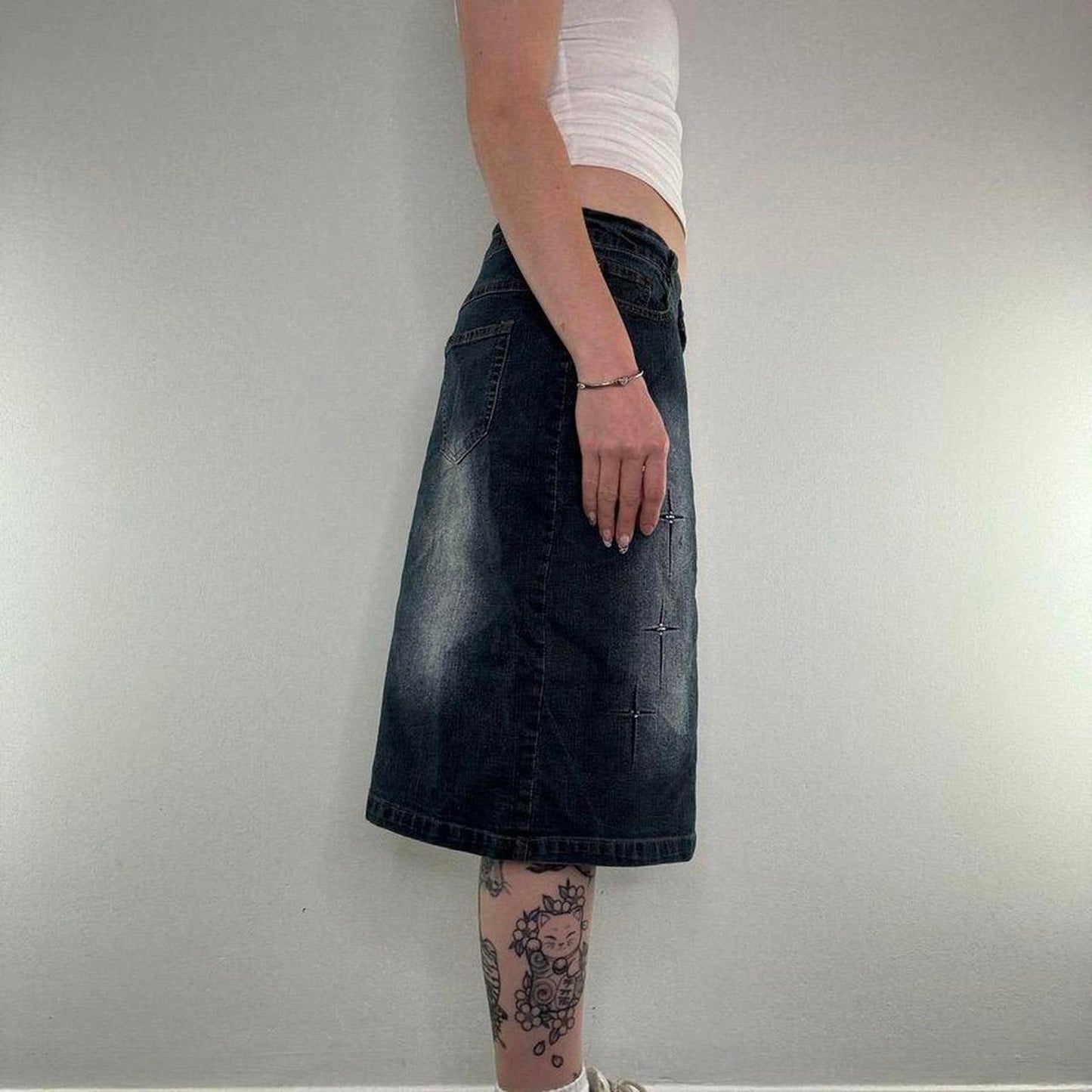 Y2K vintage sparkle embroidered rhinestone faded dark blue denim midi skirt