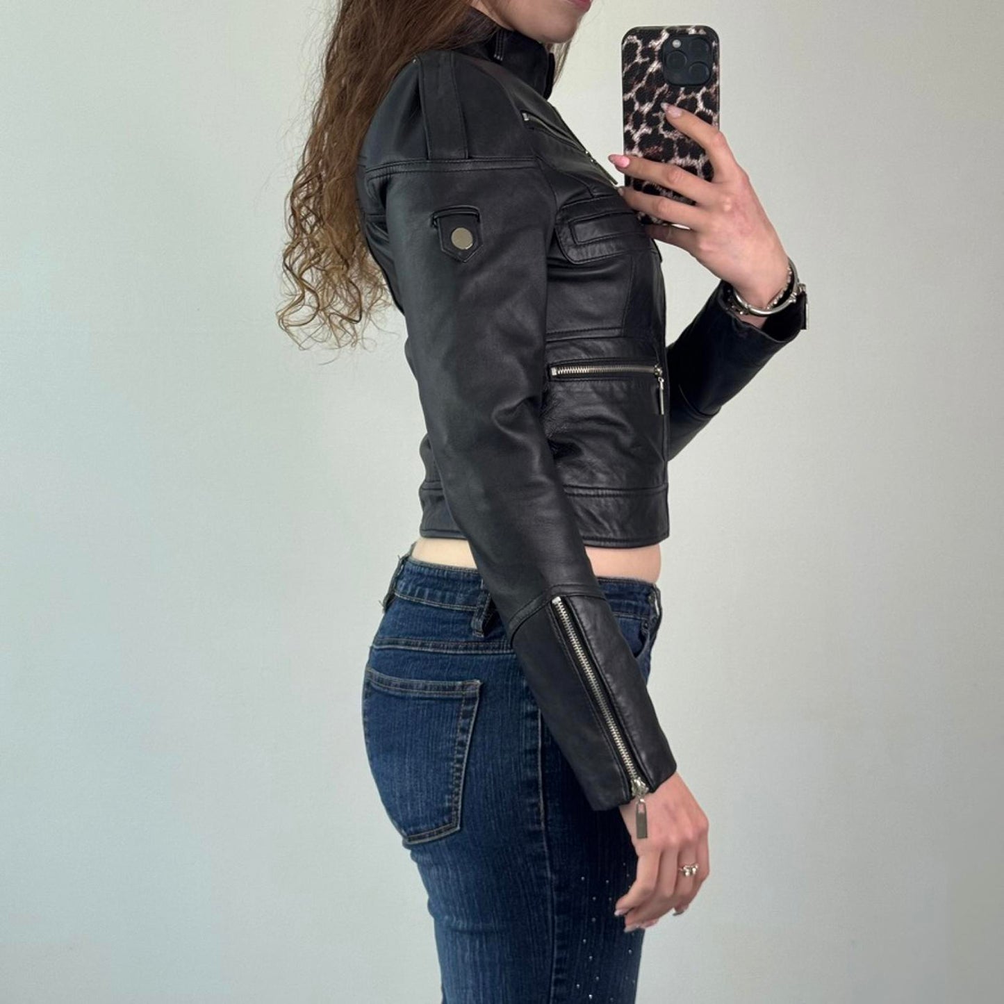 Y2K vintage Bebe faux leather biker zip up jacket fitted short length crop