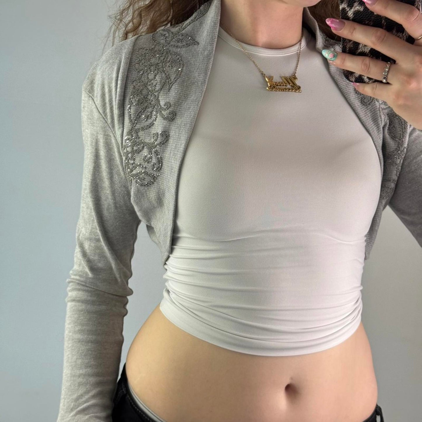 Y2K vintage grey cropped cardigan bolero floral sparkly glitter long sleeve