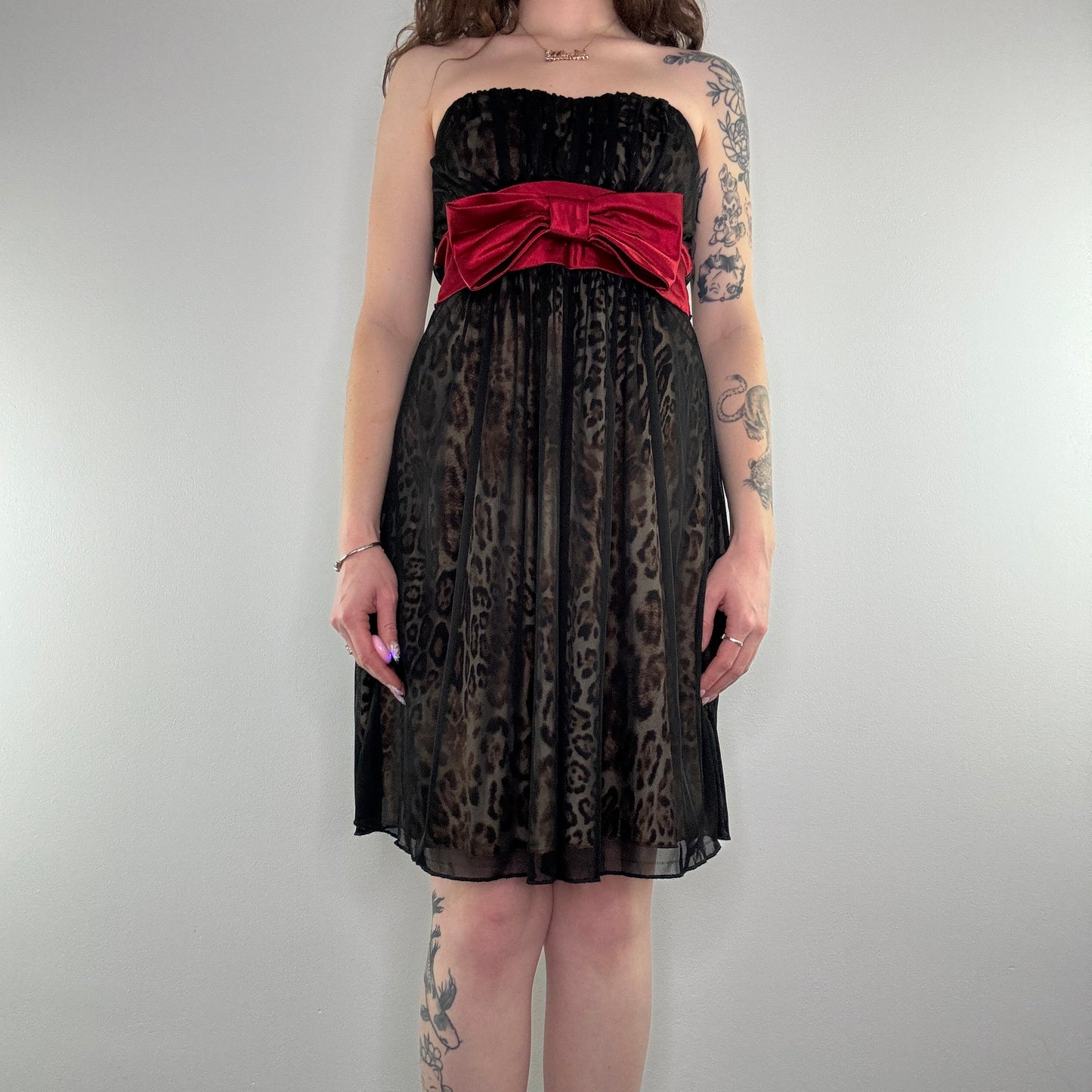 Y2K vintage leopard print bow midi dress