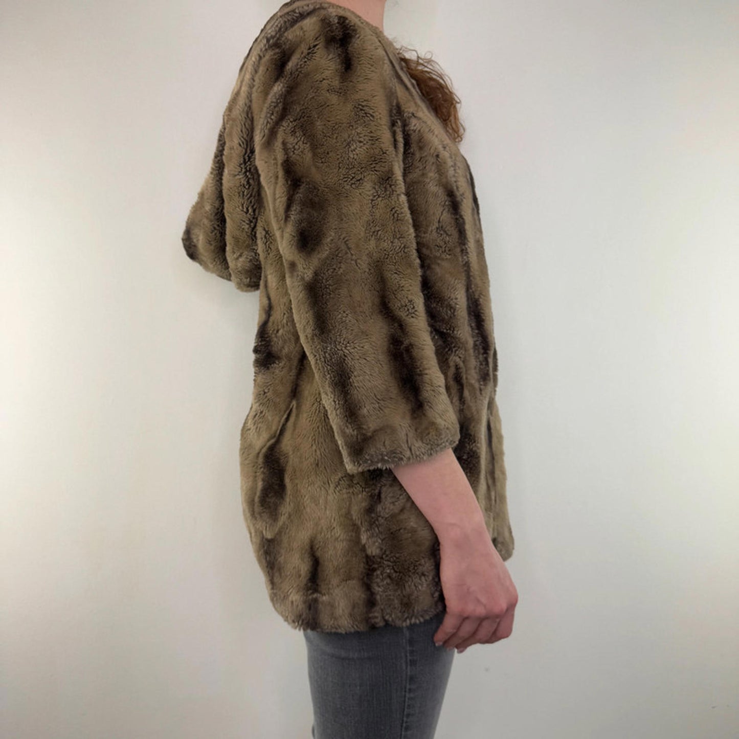 Y2K vintage faux fur coat stripe oversized hood archive two tone brown bubble