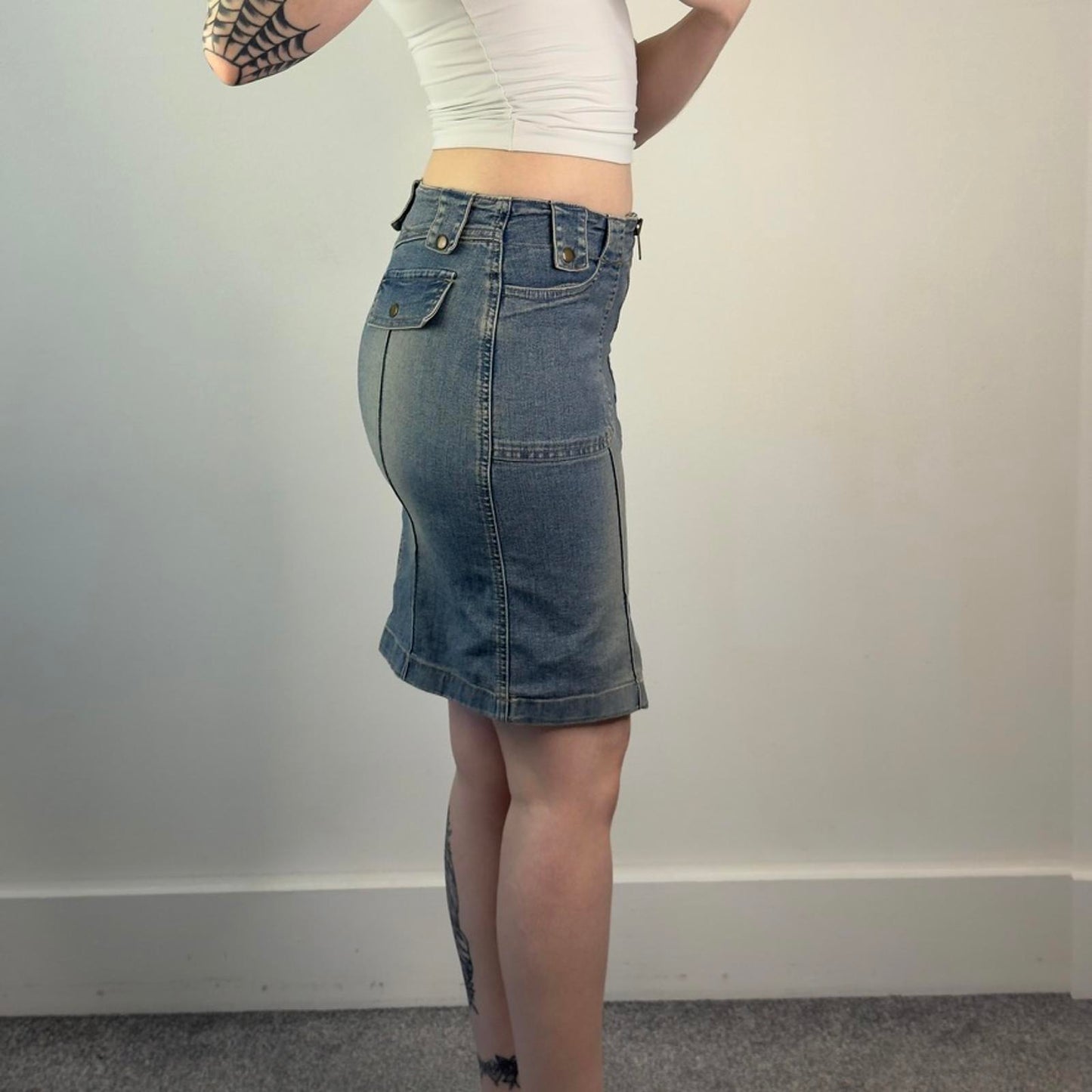 Y2K vintage fitted stretchy faded denim zipper front archive midi skirt cargo