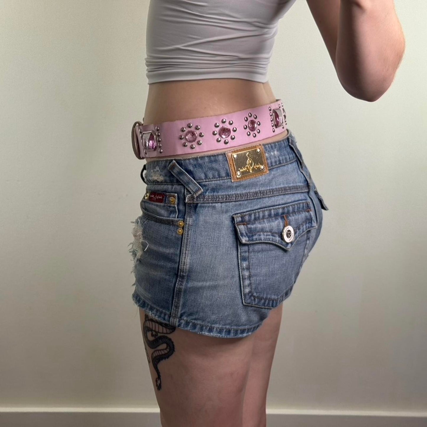 Y2K vintage faux leather chunky belt mcbling rhinestone studded baby pink silver