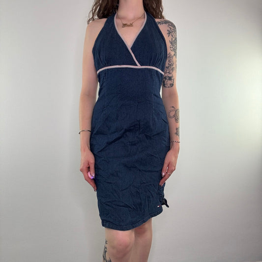 Y2K vintage Tommy Hilfiger halter neck stretchy denim midi dress