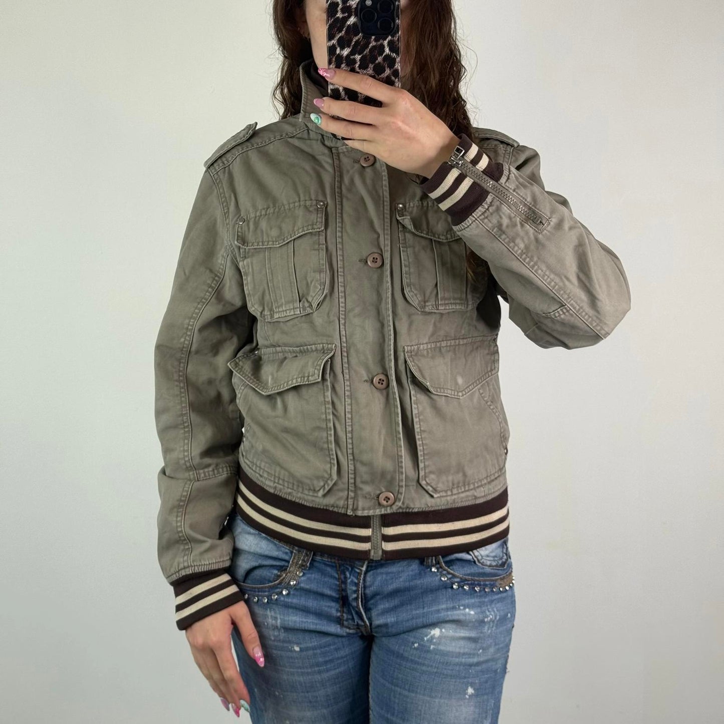 Y2K vintage denim zip button up bomber jacket stripe knit high neck unisex cargo