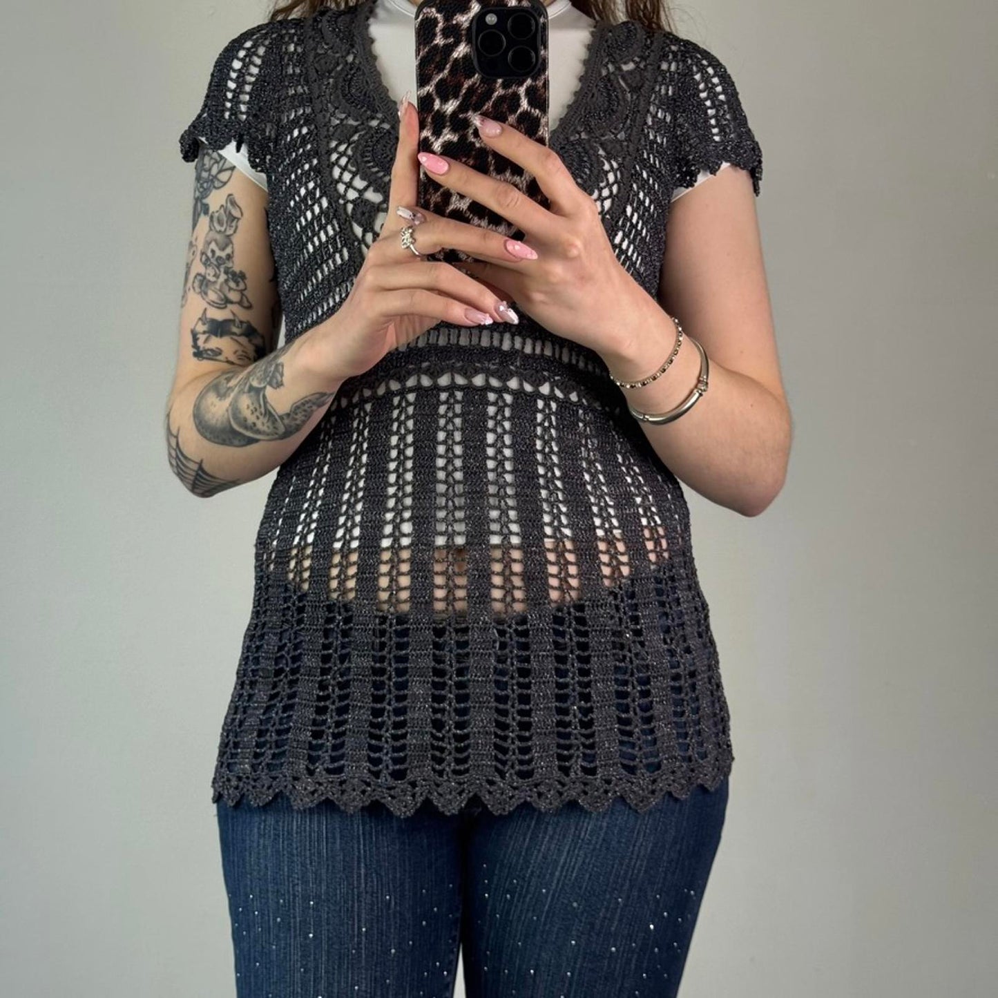Y2K vintage crochet top sparkly knit short sleeve long length dark grey boho