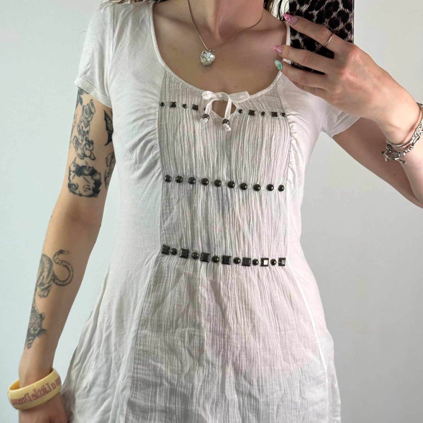 Y2K vintage studded beaded flowy milkmaid style top short sleeve pleated boho