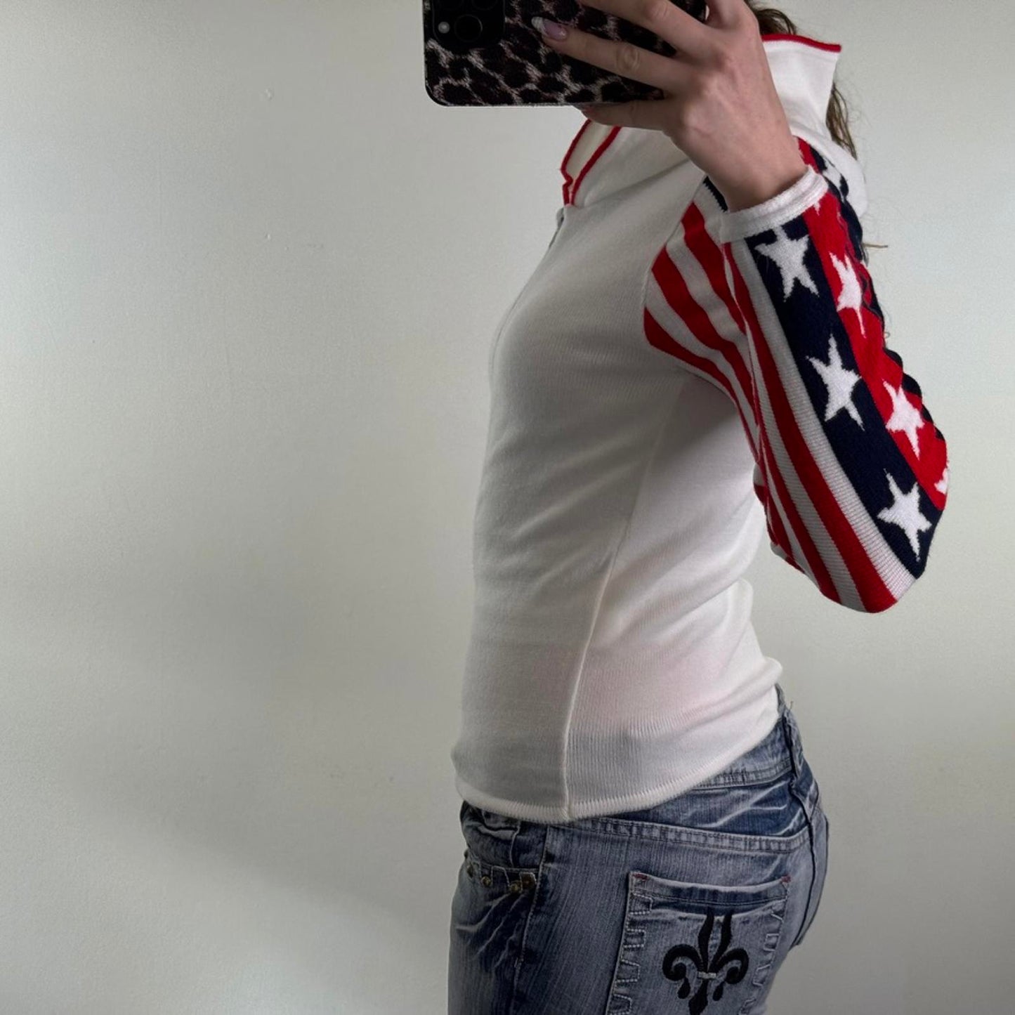 Y2K vintage USA zip up hoodie America star stripe knitted knit blue red white