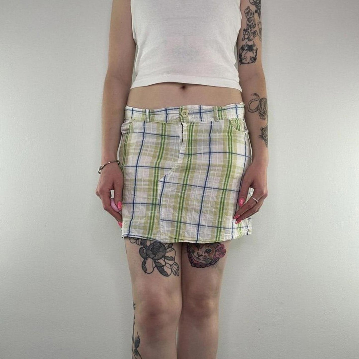 Y2K vintage tartan mini skirt summer check print white blue green