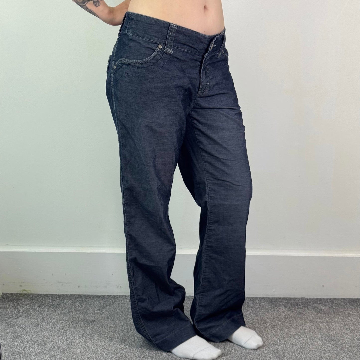 Y2K vintage mid rise baggy wide leg flared denim jeans lightweight embroidered