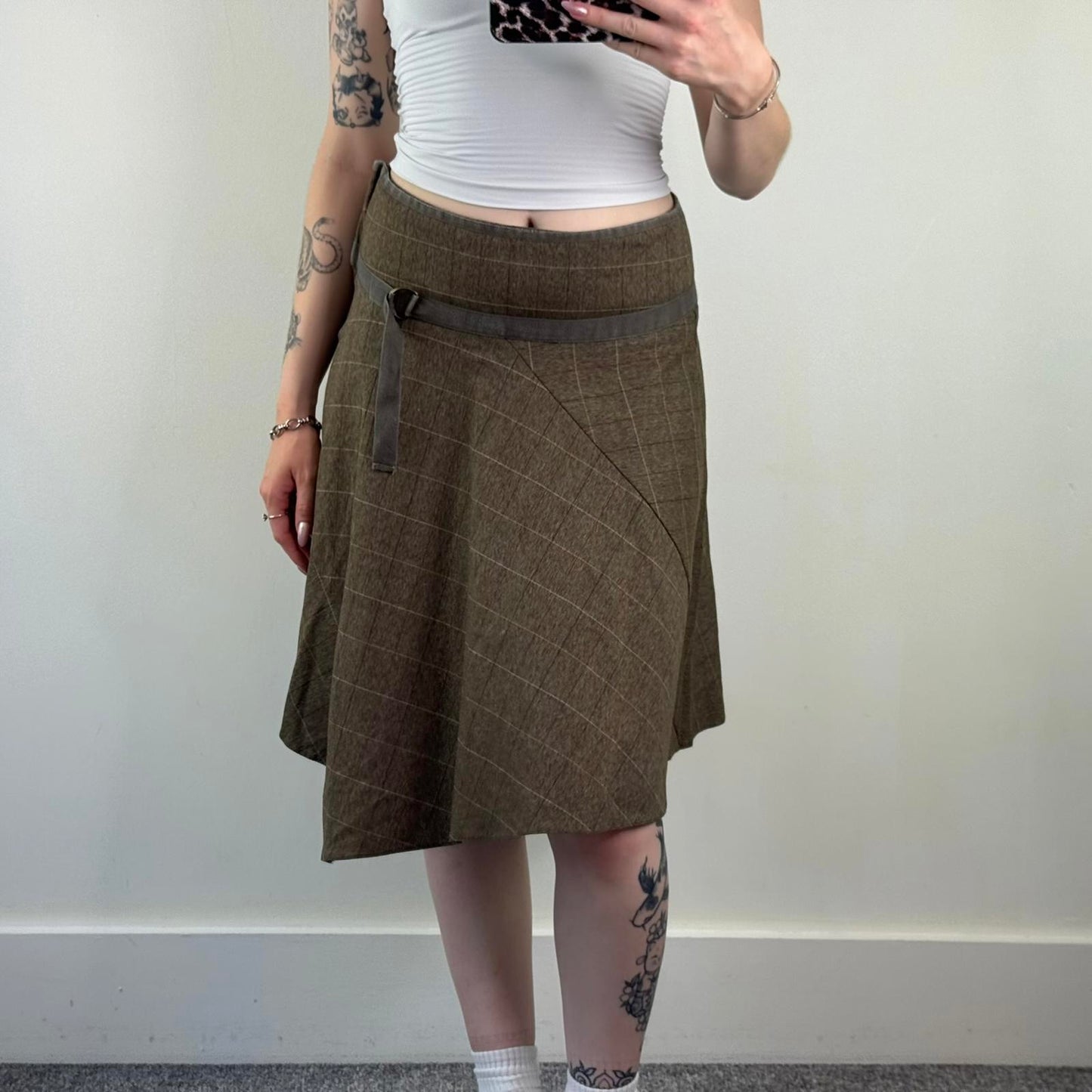 Y2K vintage Bay tweed check print midi skirt asymmetrical buckle a line