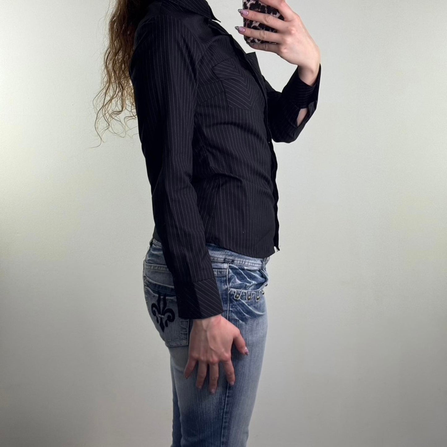 Y2K vintage pinstripe long sleeve shirt button up black purple stripe