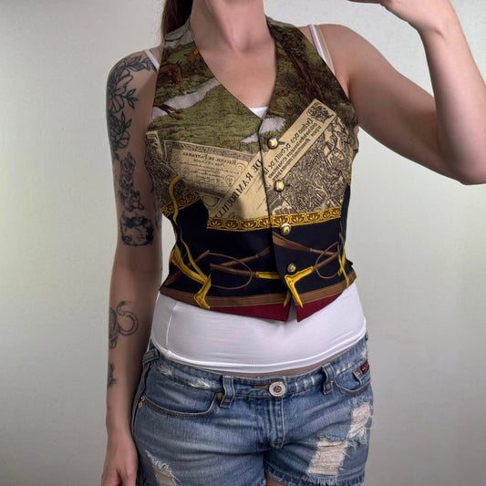 Vinage 100% pure wool waistcoat top graphic print hunt horse riding tailored