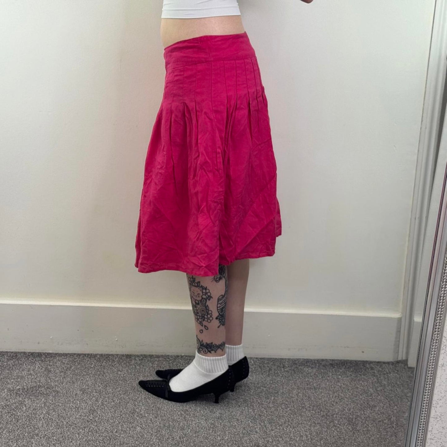 Y2K vintage 100% pure linen pleated midi skirt a line knee length hot pink