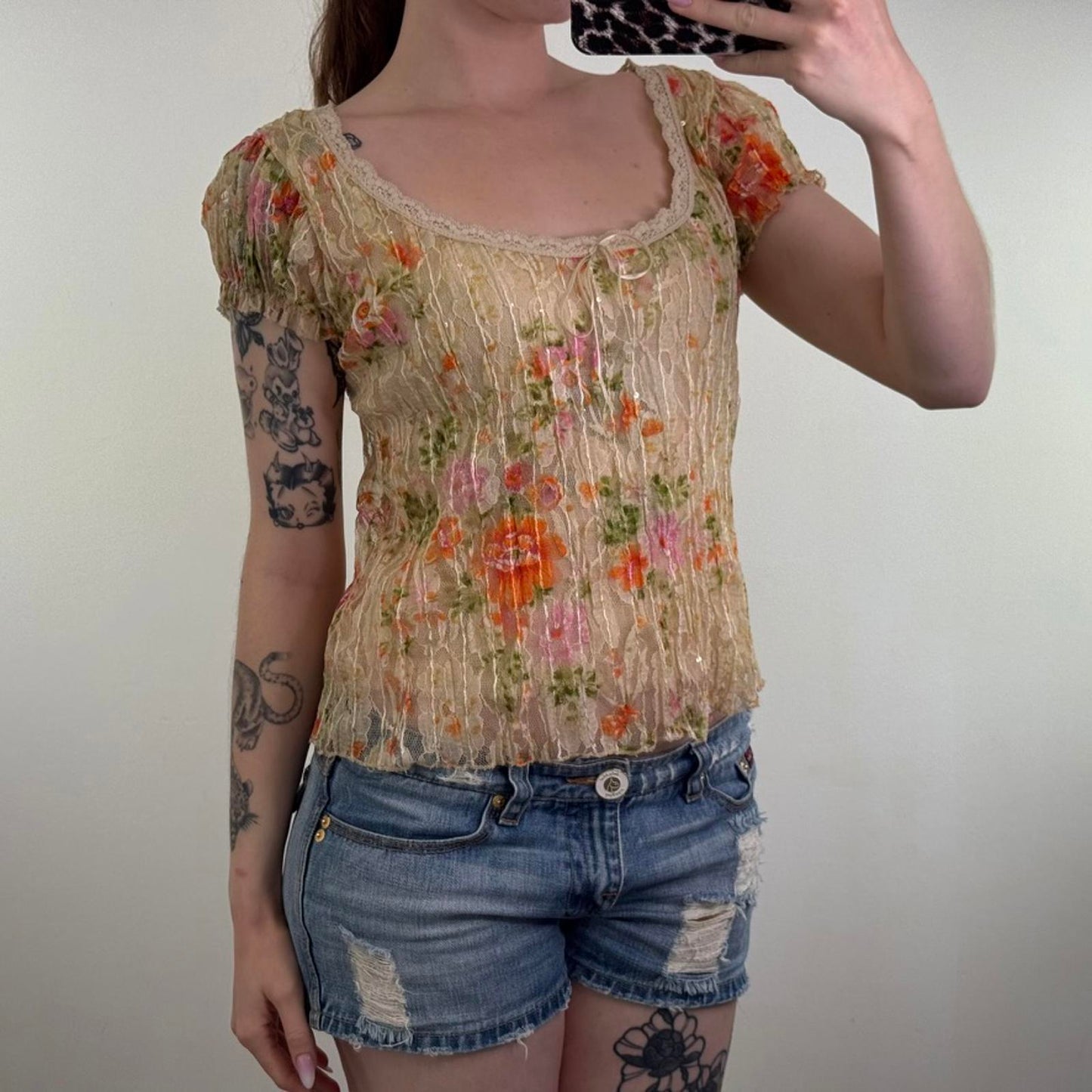 Y2K vintage Per Una mesh overlay short sleeve top round neck double layer bow