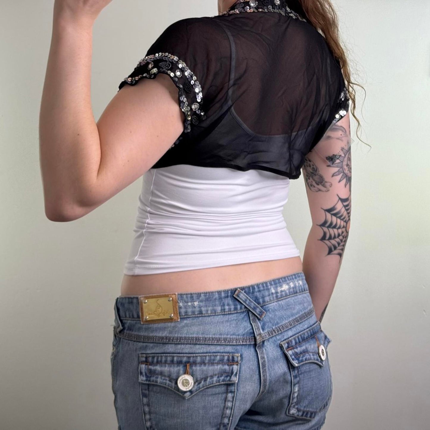 Y2K vintage 100% silk cropped cardigan shrug sheer beaded sequin bow embellished