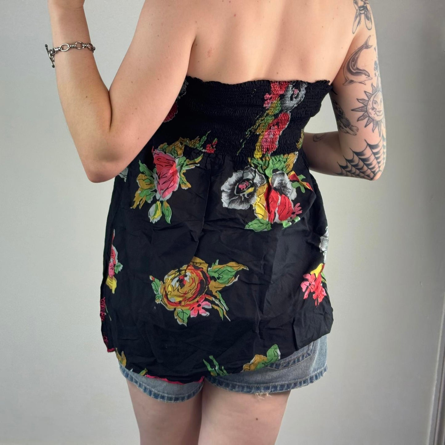 Y2K vintage strapless top floral print beaded stretchy bust floaty flowy