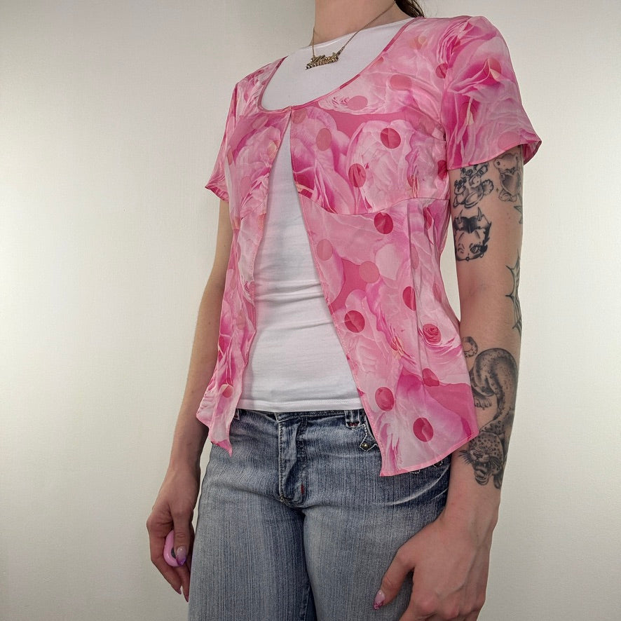 Y2K vintage silk top spotty floral rose open front scoop front cover up floaty