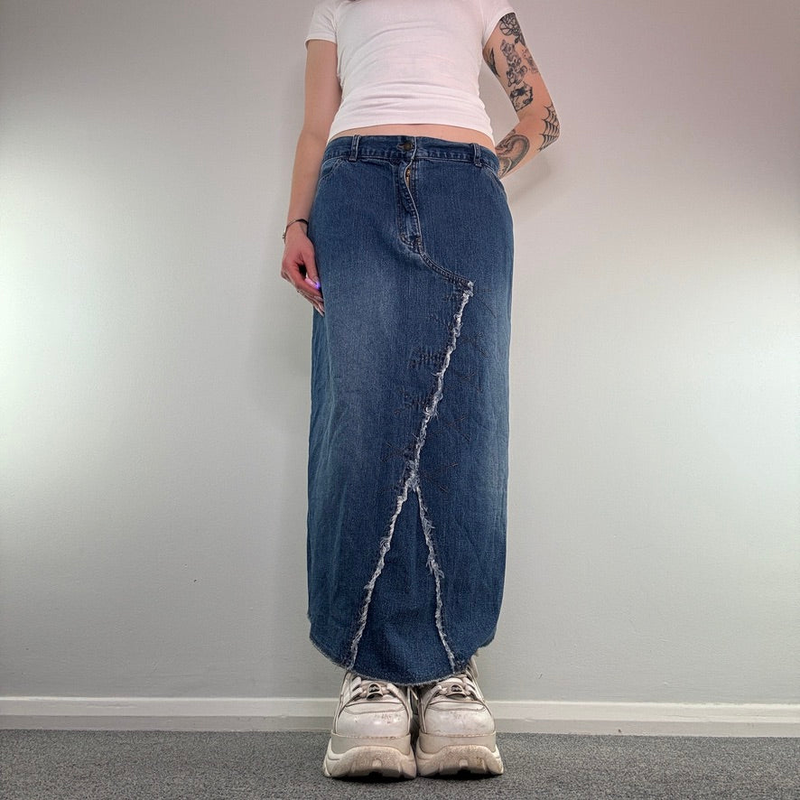 Y2K vintage denim reworked fraying hem maxi skirt