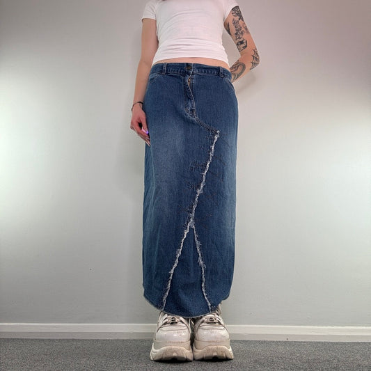 Y2K vintage denim reworked fraying hem maxi skirt