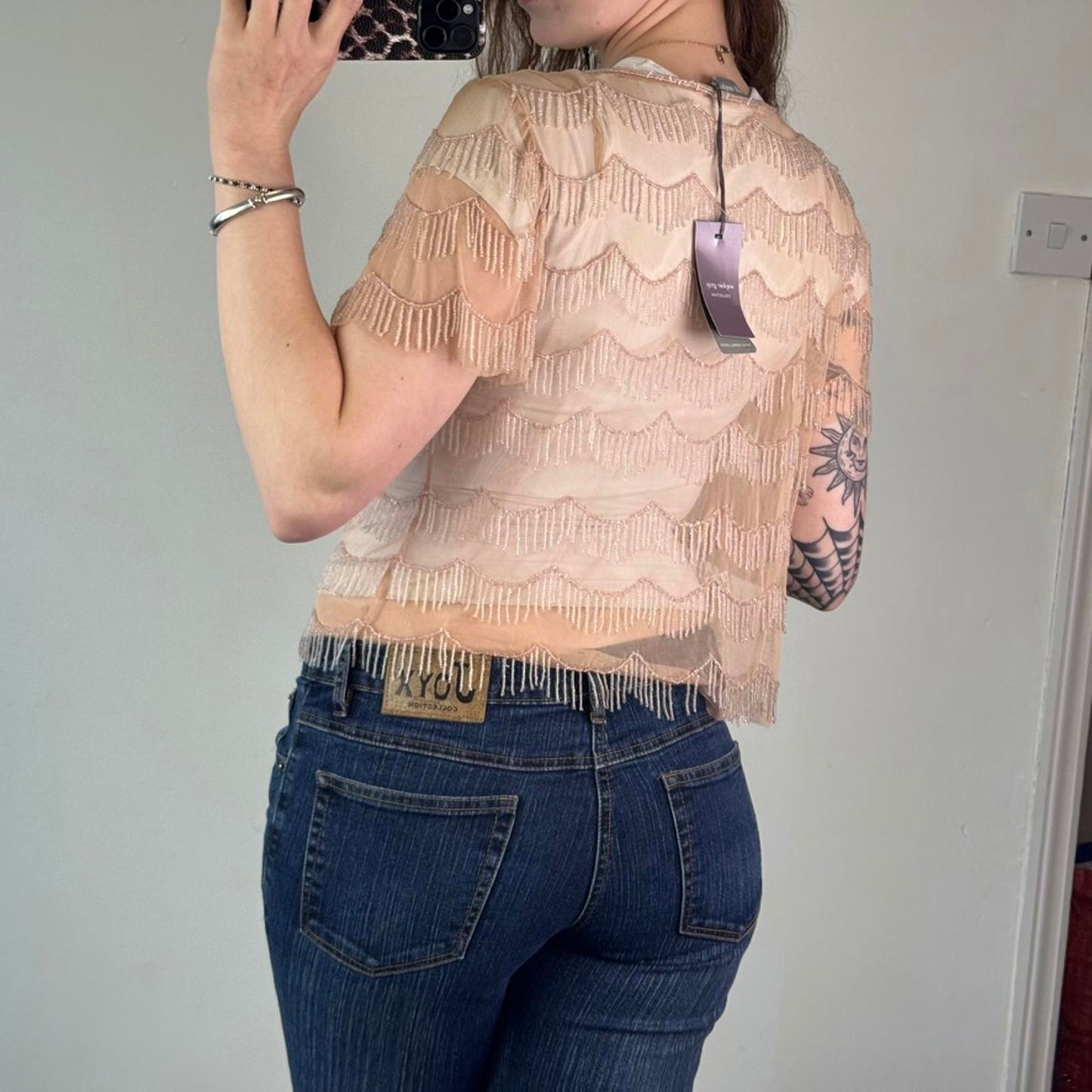 Y2K vintage peach mesh beaded tassel hook and eye short sleeve cardigan