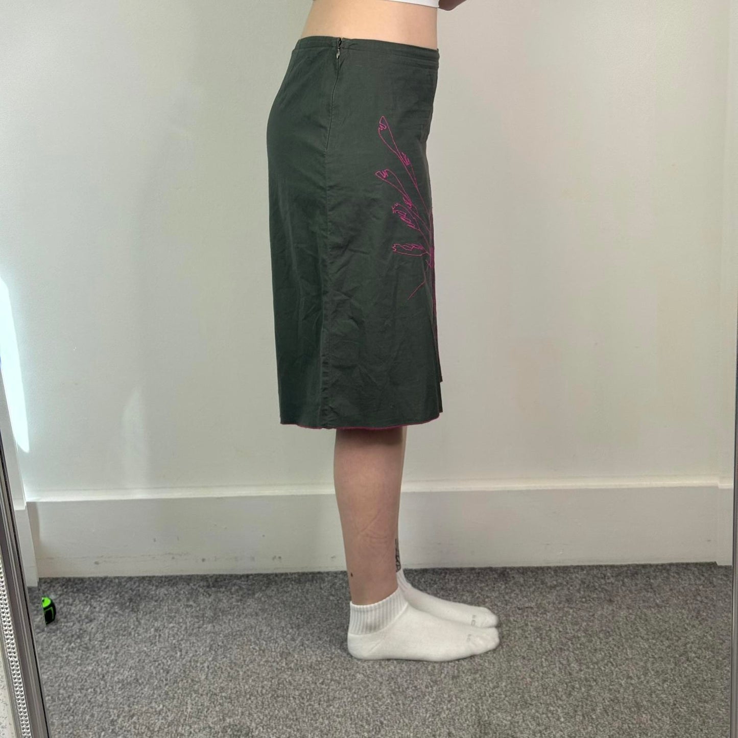Y2K vintage bird embriodered asyemtriucal hem midi skirt stretch pink/ khaki