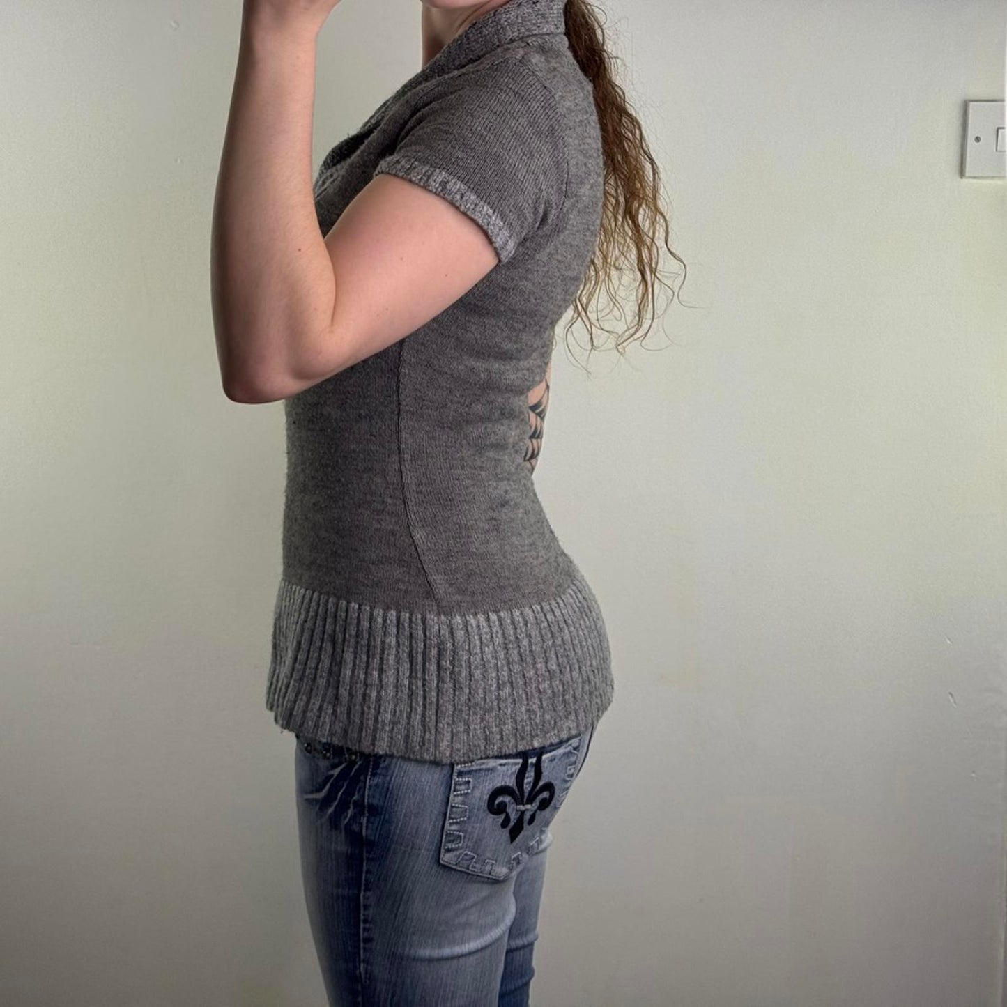 Y2K vintage short sleeve knitted v neck jumper buttons cable knit