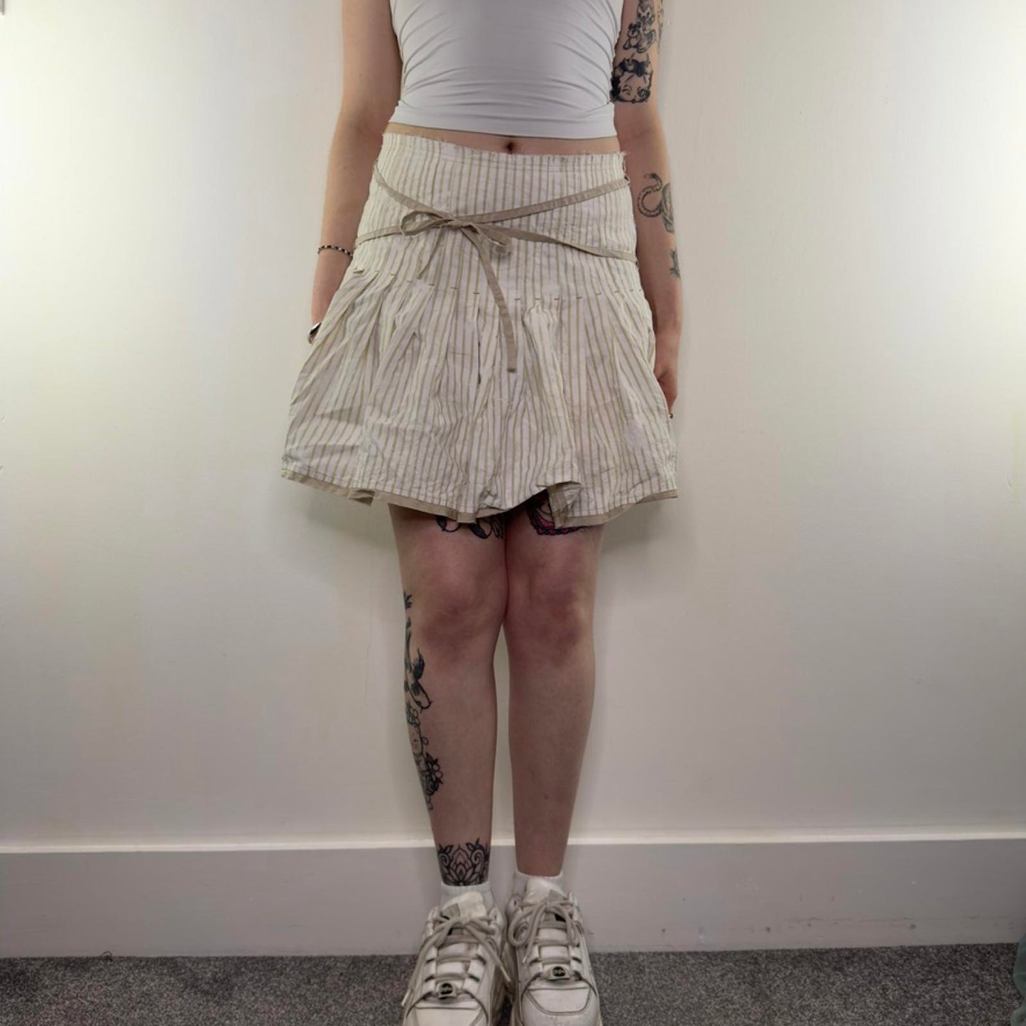Y2K vintage striped mini skirt cotton coquette beige white criss cross wrap bow